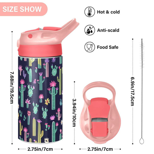 Wfrish 12 oz Cactus Flower Kids Water Bottle with Straw Lid Insulated Stainless Steel Travel Tumbler BPA-Free Pink
