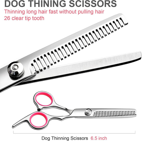 Dog Grooming Scissors with Safety Round Tips, Stainless Steel Professional Kit, Thinning, Curved Scissors, Comb