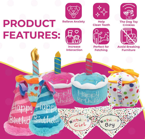Plush Birthday Dog Toys - Pink Birthday Cake Toy with Squeaker for Small, Medium, and Large Dogs
