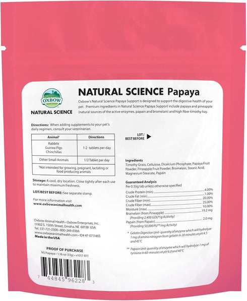 Oxbow Animal Health Papaya Support, High Fiber Digestive Supplement for Rabbit & Guinea Pig, 1.16 oz Bag