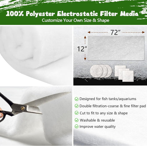 Aquarium Filter Floss 12 * 72 Inches, Cut to Fit Fish Tank Filter, Dual Density Aquarium Filter Pad, Pond Filter Media Roll Clear Water for Freshwater & Saltwater, Safe for Fish, Reef, Turtles