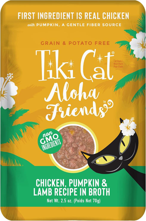 Tiki Cat Aloha Friends, Chicken, Pumpkin & Lamb, Grain-Free Wet Cat Food for All Life Stages, 2.5 oz. Pouch (Pack of 12)