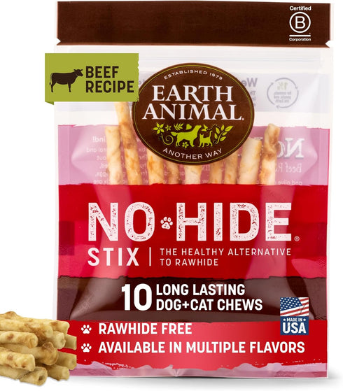 Earth Animal No Hide Stix Beef Flavored Natural Rawhide Free Dog Chews, Long Lasting Chew Sticks, Treats for Small Dogs