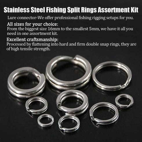 Hilitchi 210Pcs Fishing Tackle Split Rings, High Strength Stainless Steel, 9 Sizes for Heavy Fishing Lures Connector
