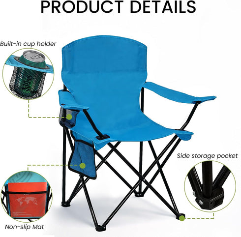 300lbs Folding Camping Chair with Cup Holder & Side Storage Bag Capacity Lightweight High Back Portable for Beach