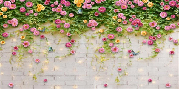 AWERT 24x12 inches Glitter White Brick Wall Aquarium Background with Pink Flowers Plant Leaves Fish Tank Vinyl