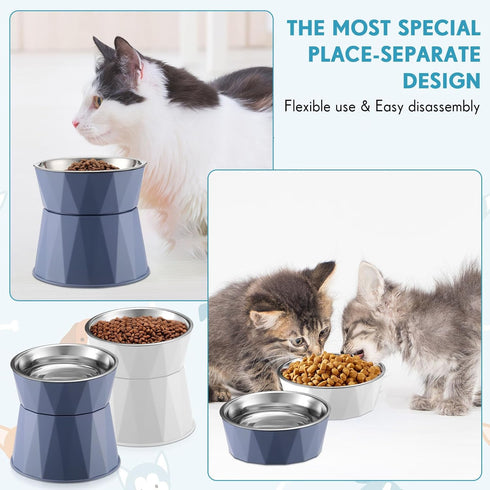 Cat Feeder, 2 Pcs Elevated Stainless Steel Bowls with Adjustable Raised Stand, Non-Slip Pet Food and Water Bowl for Pets
