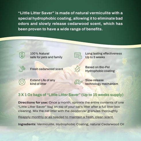 Little Litter Saver | Cat Litter Box Deodorizer | Natural Fresh Scent | 3 x 0.5oz bags (Cedar)