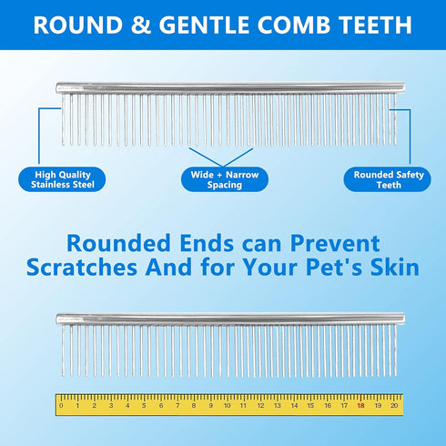 Stainless Steel Pet Shedding Comb - Grooming Comb with Different Spaced Rounded Teeth, Wide Trimmer Comb (Silver)