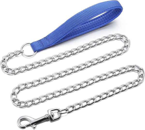 Metal Dog Leash Chew Proof Chain Leash 4ft, 8ft Heavy Duty Sturdy Leash with Red Padded Handle for Medium Large Dogs