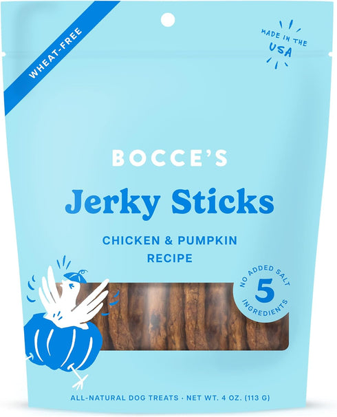 Bocce's Bakery Jerky Stick Dog Treats, Wheat-Free, Limited-Ingredients, Baked in The USA, Chicken & Pumpkin, 4 oz