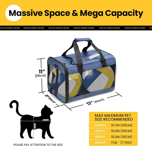 Cat Carrier Airline Approved, Soft-Sided Dog Carrier with Inner Safety Leash, Pet Transport Carrier for Small-Medium Cats Puppies up to 15 Lbs, Collapsible Travel Kitten Carrier Bag -Blue M