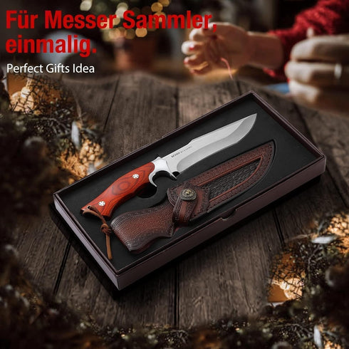 Omesio Fixed Blade Knife with Sheath, M390 Steel Survival Knife, Fulltang 60±1 HRC EDC Hunting Knives, Wood Handle