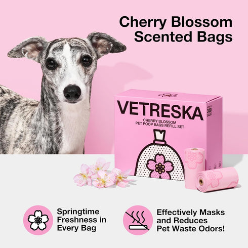 20 300 VETRESKA Cherry Blossom Scented Dog Poop Bags, Leak Proof, Extra Thick and Large Pet Waste Bags for Dog Walking