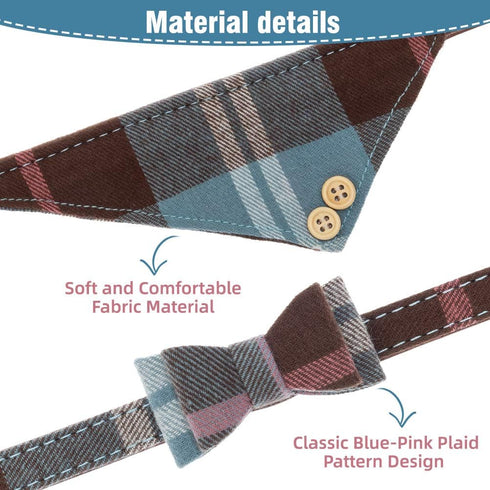 EXPAWLORER Dog Leash and Collar Set - Adjustable Cute Plaid Bow Tie and Bandana Collar, Tangle Free Leash