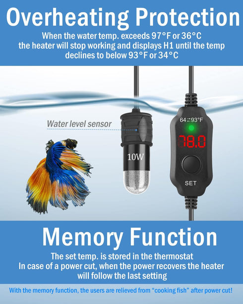 AquaMiracle Adjustable 10W Betta Heater, Submersible Fish Tank Heater for Up to 1 Gallon Tanks with Digital Display.