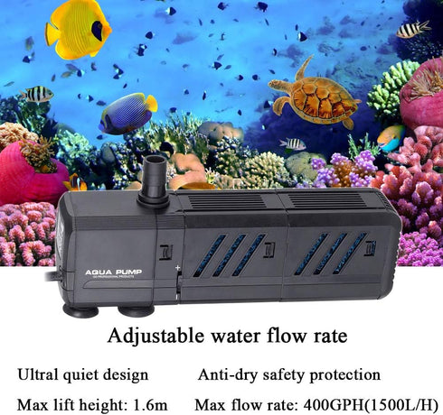 MQ 400GPH Submersible Water Pump (1500L/H, 15W) with Filters and Water Nozzles, Ultra Quiet for Aquarium, Fish Tank, Pond, Fountain, Hydroponics