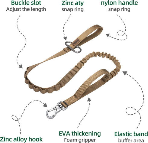 EXCELLENT ELITE SPANKER Tactical Bungee Dog Leash - Military Adjustable with 2 Control Handles (Coyote Brown)