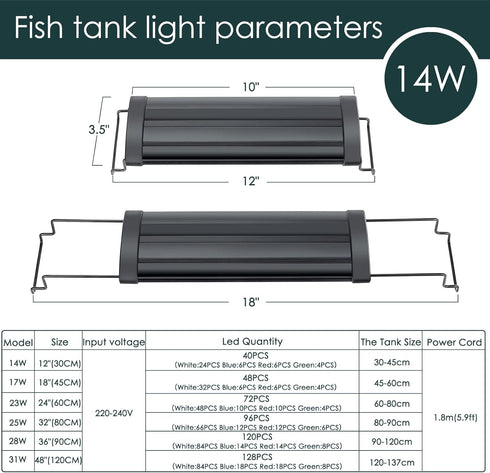 AQQA Full Spectrum LED Aquarium Light - Adjustable 12"-54" Multi-Color White Blue Red Green LEDs for Freshwater Plants