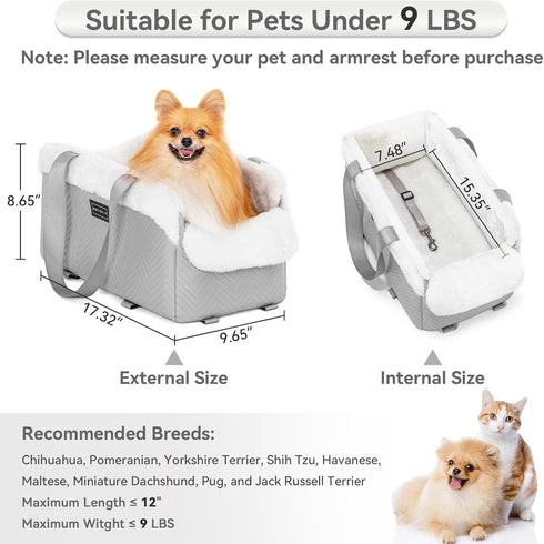 9 lbs PETSFIT Console Dog Car Seat, Portable Small Dog Car Seat with Safe Protective Hooks, Luxury Dog Carseat Includes