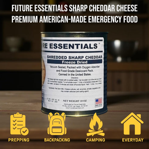 10 Oz (25-Year Pack 1 Future Essentials Freeze Dried Shredded Sharp Cheddar Cheese Per Can Shelf-Stable, Long-Term