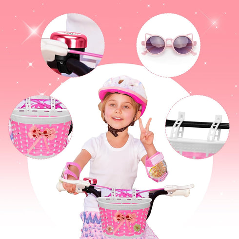 Kids Bike Basket for Girls Boys, Bicycle Basket with Bell, Stickers, and Sunglasses