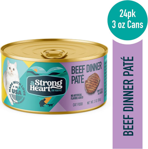 3 oz (Pack 24), A Strong Heart Canned Wet Cat Food, Beef Dinner Pat - Cans of Made in The USA with Real Beef