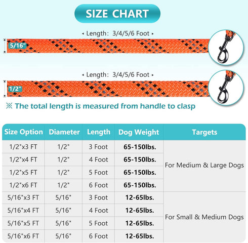 VIVAGLORY Strong Rope Dog Leash, 6ft Durable Reflective Lead with Thick Neoprene Padded Handle for Medium Large Dogs