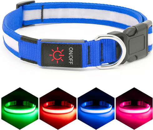 Vizpet LED Dog Collar - Adjustable USB Rechargeable Light Up Safety Glowing Collar for Dogs (Large, Blue)