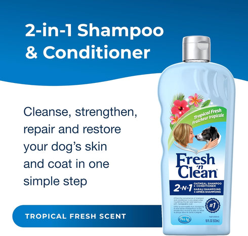 Pet-Ag Fresh ’n Clean 2-N-1 Oatmeal Conditioning Shampoo - Tropical Scent - 18 oz - Moisturizes with Vitamin E & Aloe