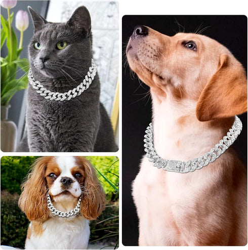 Cuban Link Dog Collar, Gold Silver Metal Chain, Cuban Diamond Pet Collars for Dogs Cats, Jewelry 8/10/14/16/18/20/24/28