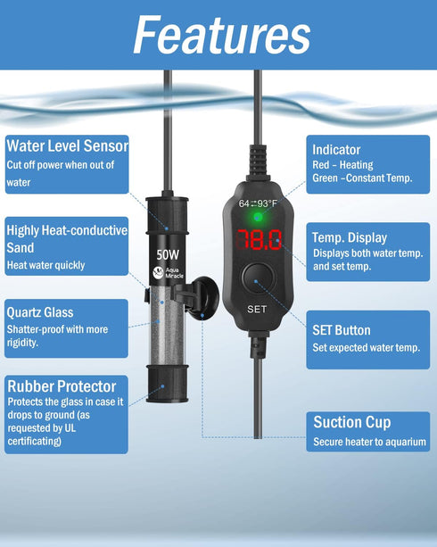 AquaMiracle Adjustable 50W Submersible Aquarium Heater, Super Short with LED Digital Display for 5-10 Gallon Tanks