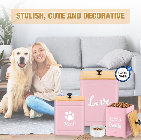 Jingmore Set 3 7+3+2 lbs Counter Metal Dog Treat Containers of with Bamboo Lids and Spoon Airtight Dog Food Snack Jars