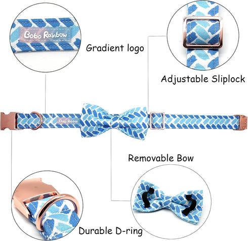 Dog Collar, Blue Print Adjustable Dog Bow Collar Boy Pet Collar Dog Bowtie Duarble Dog Collars for Small Medium Large Dogs