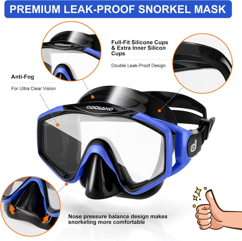 Set, Packages Odoland Snorkel Adults Snorkeling with Dry Top Diving Mask, Adjustable Swim Fins, Mesh Bag, Anti-Fog