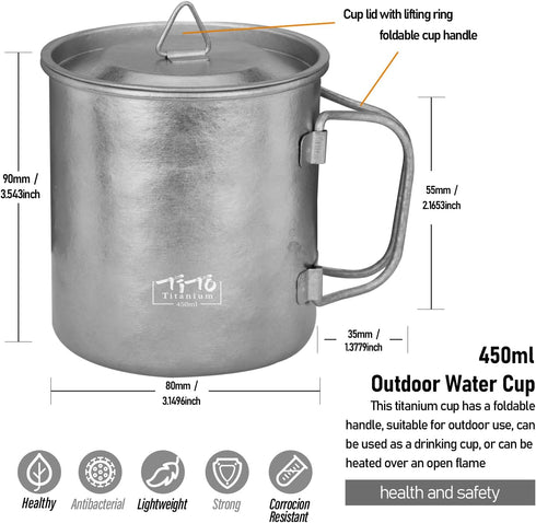 TiTo Titanium Cup with Lid, Ultralight Portable 450ml Camping Mug for Outdoor Use