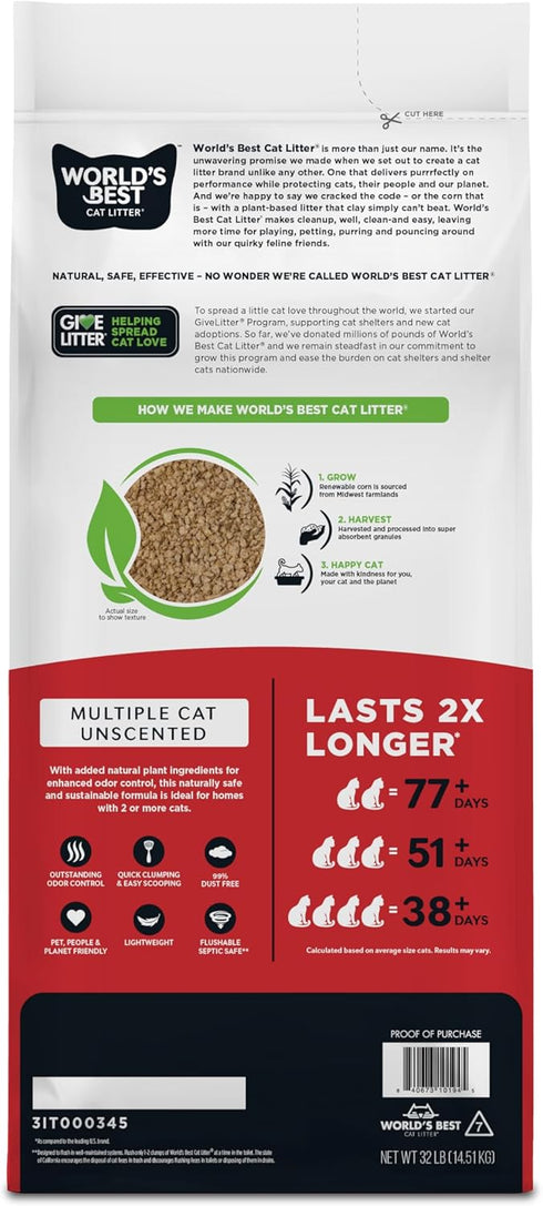 WORLD'S BEST CAT LITTER Multiple Cat Unscented, 32-Pounds - Natural Ingredients, Quick Clumping, Flushable