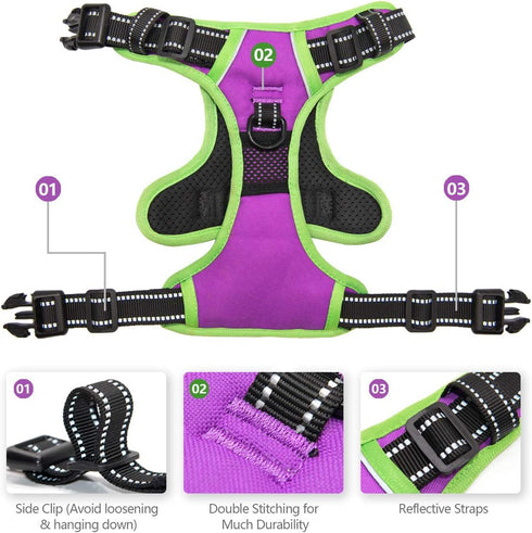 PHOEPET 2019 Upgraded No Pull Dog Harness, Reflective Adjustable Vest with Training Handle, Purple, Size L