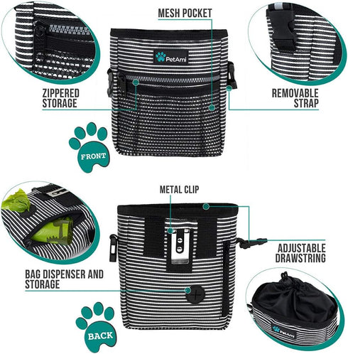 PetAmi Dog Treat Pouch, Training Bag Holder for Kibbles, Pet Food Toy, Poop Bag Dispenser (Black Stripes)