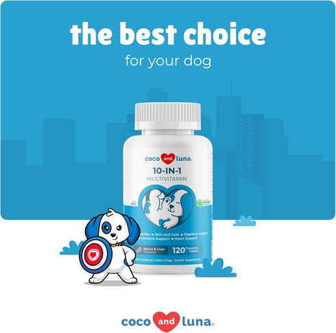 10 in 1 Multivitamin for Dogs, 120 Chewable Tablets with Glucosamine, Fish Oil & Vitamins for Health Support