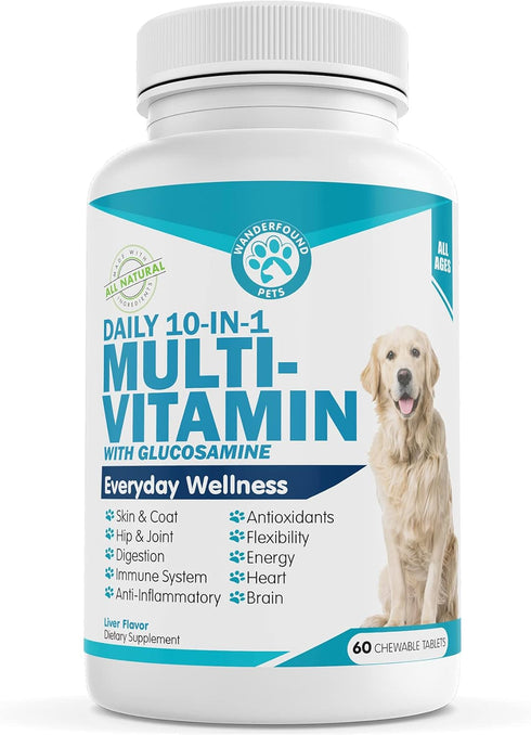 Wanderfound Pets 10-in-1 Dog Multivitamin, Chewable Vitamins with Glucosamine, D3, and MSM for Dog Health, 60 Tablets