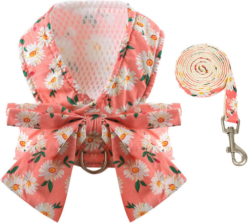 Dog Harness and Leash Set with Bow Knot, No Pull Pet Daisy Floral Harness with D-Ring Soft Mesh Vest for Small Girl
