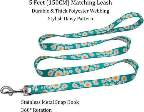 Dog Collar and Leash Set, Cute Daisy Pattern, 5ft Leash for Puppy Dogs, Extra Small, Green