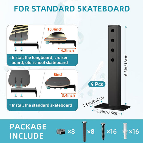 Skateboard Wall Mount, Longboard Shelves for Deck Display and Decor, Floating Storage Rack Mount on Wall - 4 Pack