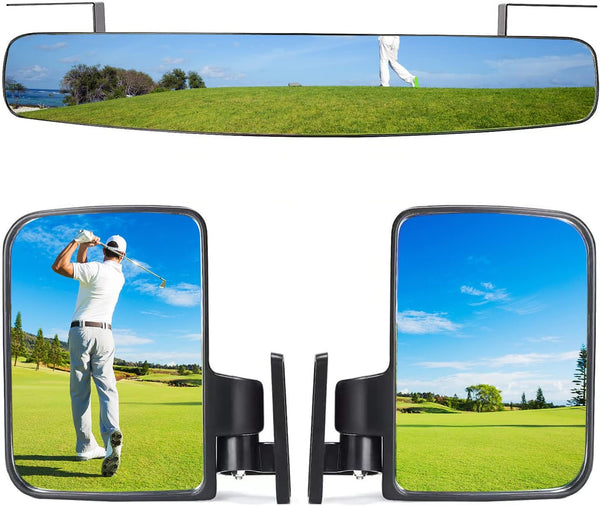 Newest Golf Cart Mirrors, 16.5" Panoramic Rear View and Folding Side Mirrors for Club Car