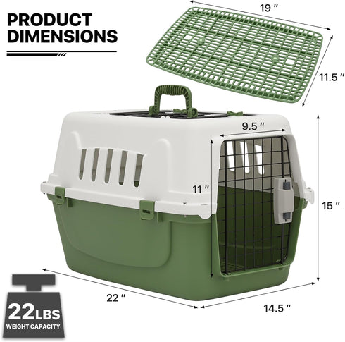 MoNiBloom 22-Inch Dog Crate, Hard-Sided Cat Carrier for Small Dogs and Cats, Green Travel Carrier