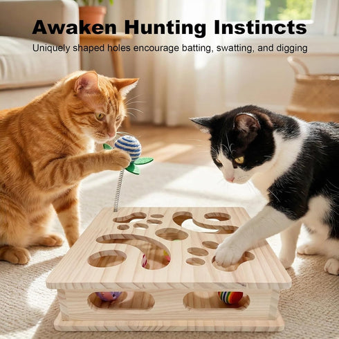 Pine Wooden Cat Puzzle Box, Interactive Maze & Scratch Enrichment Toy, Puzzle Toys for Indoor Cats with Sisal Wand