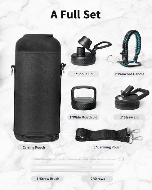 Trebo Water Bottle 87oz with Paracord Handle, Double Wall Vacuum Stainless Steel Insulated Jug with Straw