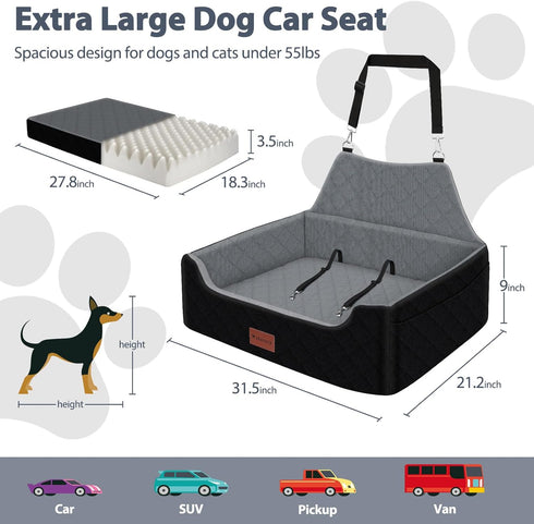 55lbs, 2 Dog Car Seat for Medium Large Dogs Under Detachable and Washable Dog Booster Seats with Thick Cushion, Pet