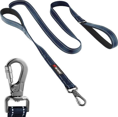 Tuff Pupper Heavy Duty Double Handle Dog Leash, Twist Locking Carabiner Clip, Reflective for Safe Night Walks